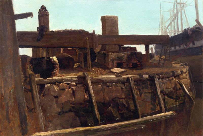 Albert Bierstadt Wharf Scene with Ship at Dock oil painting picture